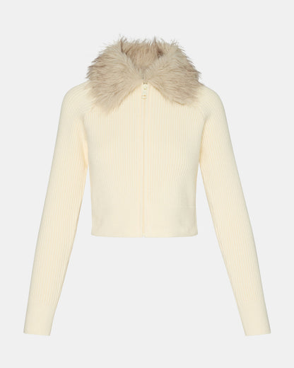 LYSIA Cream Long-Sleeved Faux Fur Hood Zip-Up Ribbed Women's Sweater Jacket | Steve Madden Deals