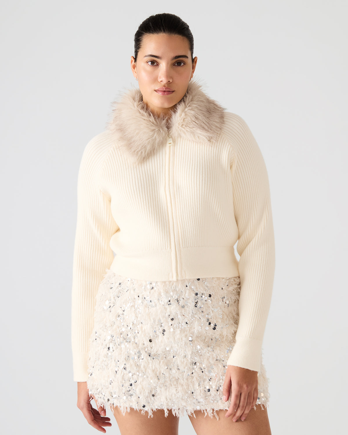 LYSIA Cream Long-Sleeved Faux Fur Hood Zip-Up Ribbed Women's Sweater Jacket | Steve Madden Deals