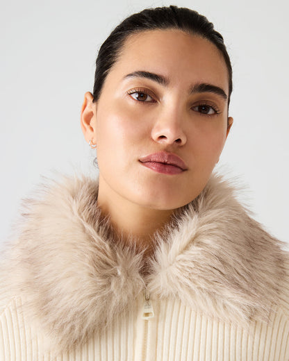 LYSIA Cream Long-Sleeved Faux Fur Hood Zip-Up Ribbed Women's Sweater Jacket | Steve Madden Deals