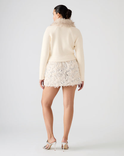 LYSIA Cream Long-Sleeved Faux Fur Hood Zip-Up Ribbed Women's Sweater Jacket | Steve Madden Deals