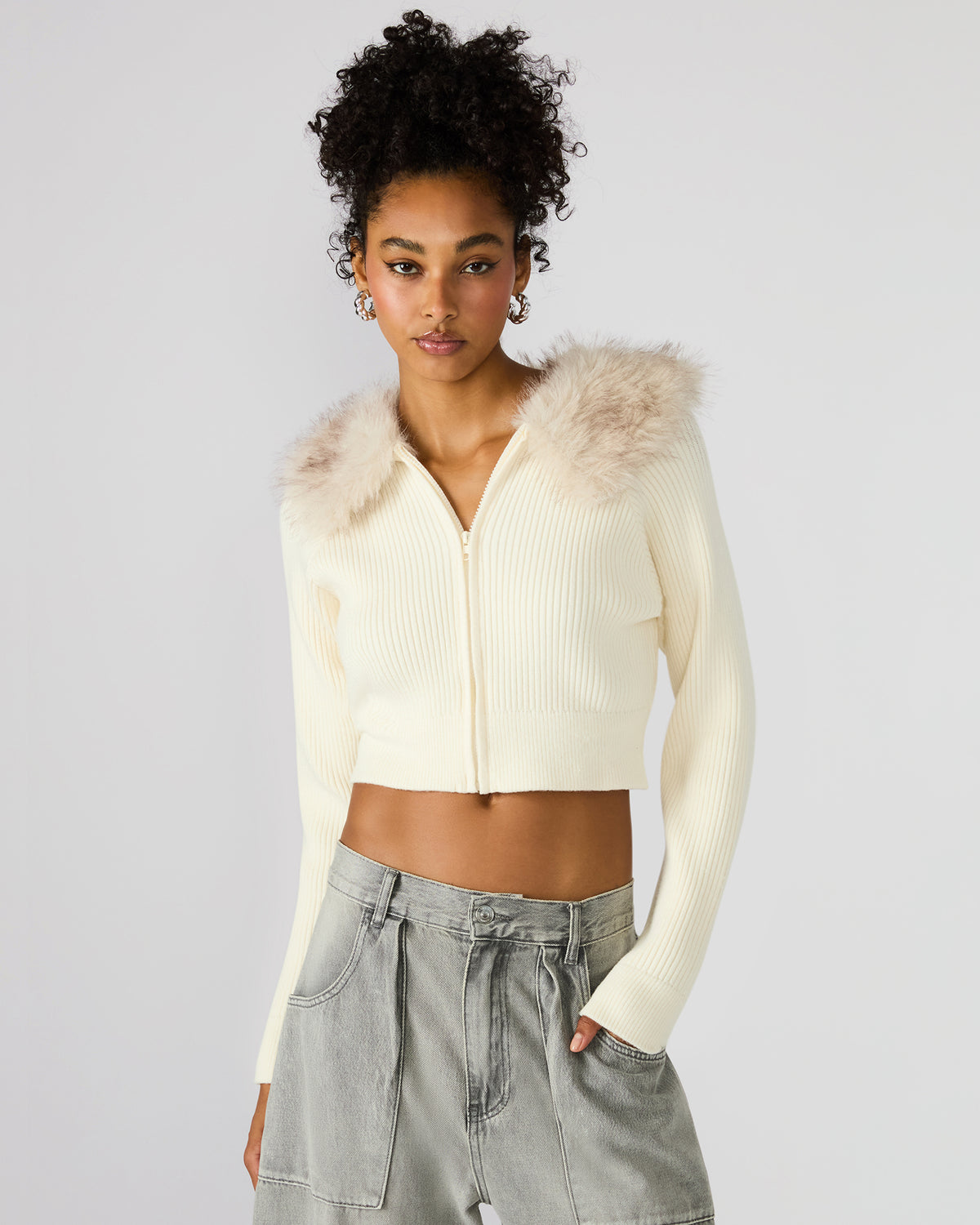 LYSIA Cream Long-Sleeved Faux Fur Hood Zip-Up Ribbed Women's Sweater Jacket | Steve Madden Deals