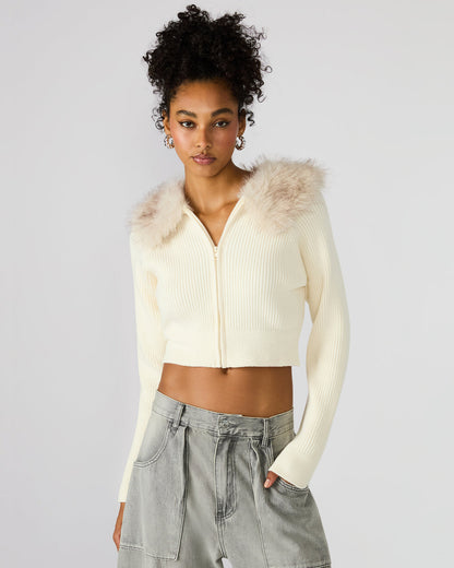 LYSIA Cream Long-Sleeved Faux Fur Hood Zip-Up Ribbed Women's Sweater Jacket | Steve Madden Deals