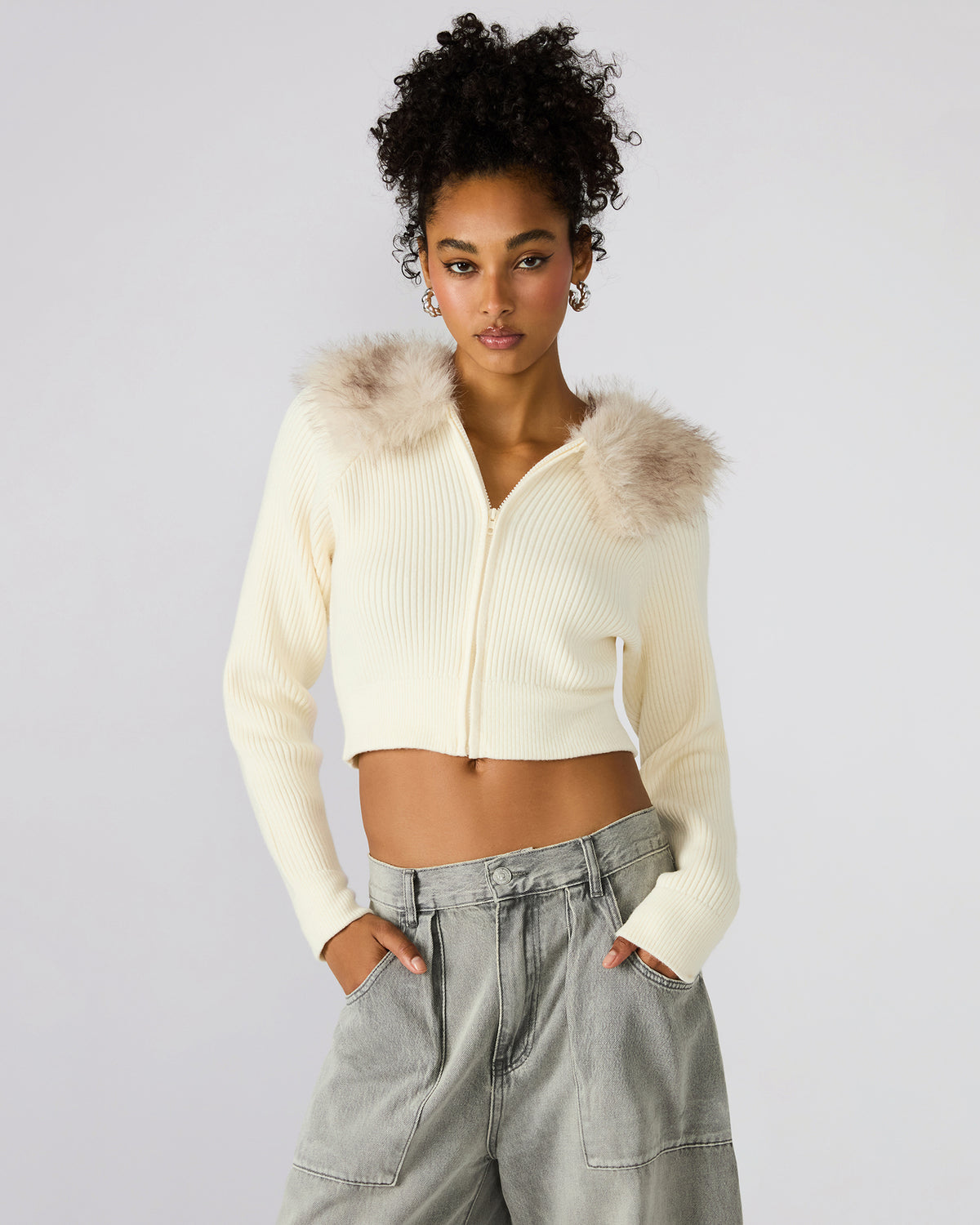 LYSIA Cream Long-Sleeved Faux Fur Hood Zip-Up Ribbed Women's Sweater Jacket | Steve Madden Deals