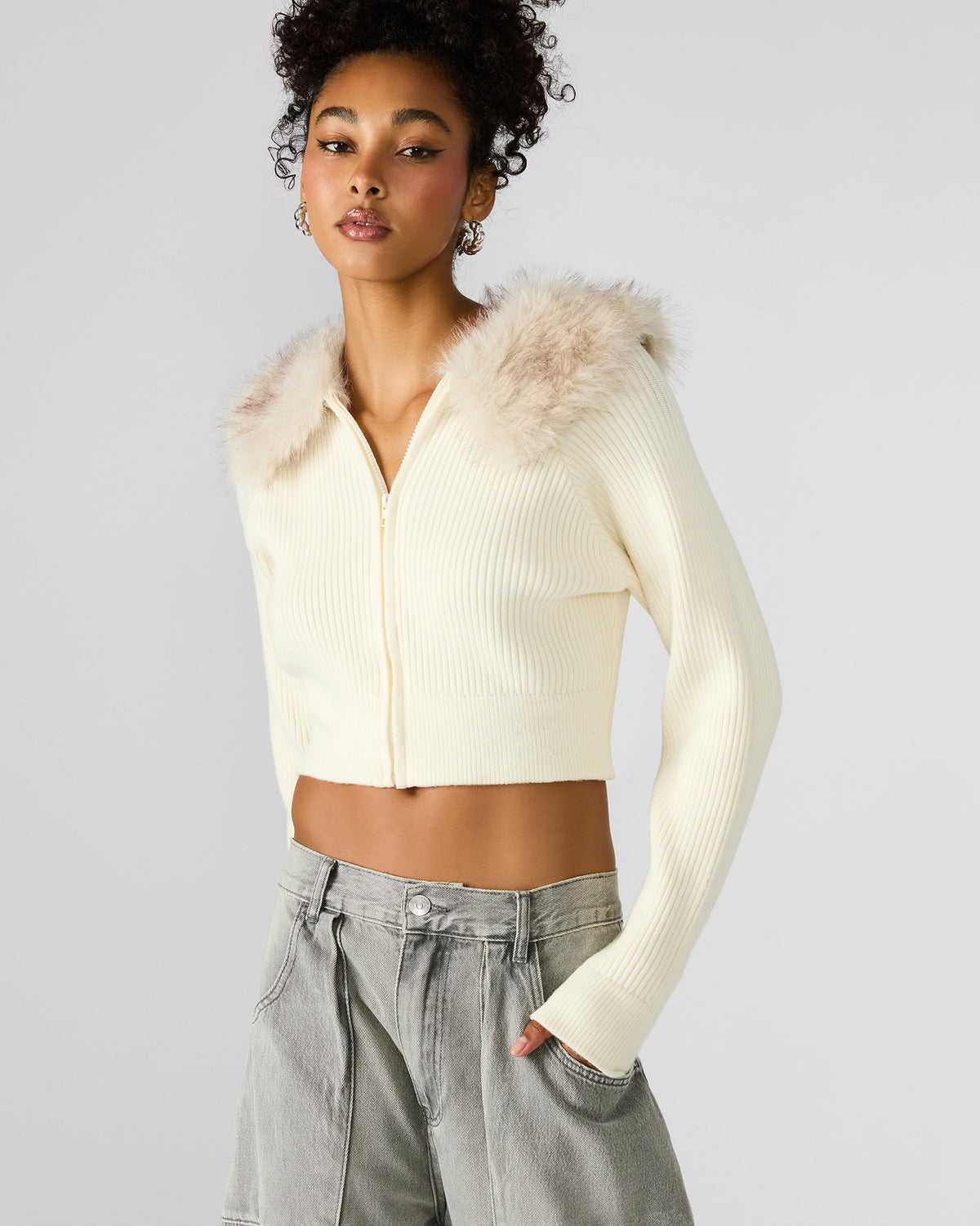 LYSIA Cream Long-Sleeved Faux Fur Hood Zip-Up Ribbed Women's Sweater Jacket | Steve Madden Deals