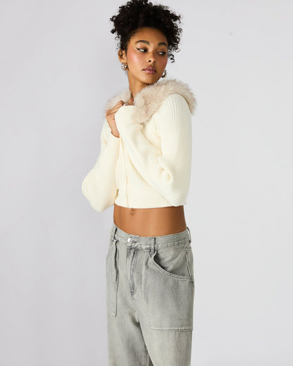 LYSIA Cream Long-Sleeved Faux Fur Hood Zip-Up Ribbed Women's Sweater Jacket | Steve Madden Deals
