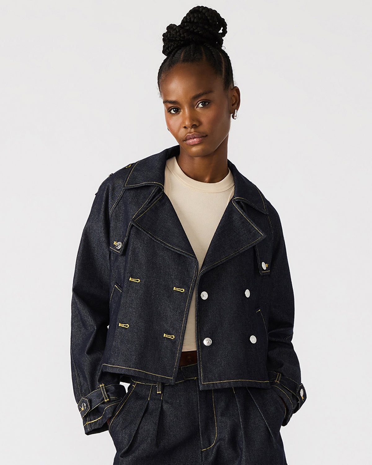 SIRUS Indigo Women's Cropped Denim Trench Coat | Steve Madden Sale