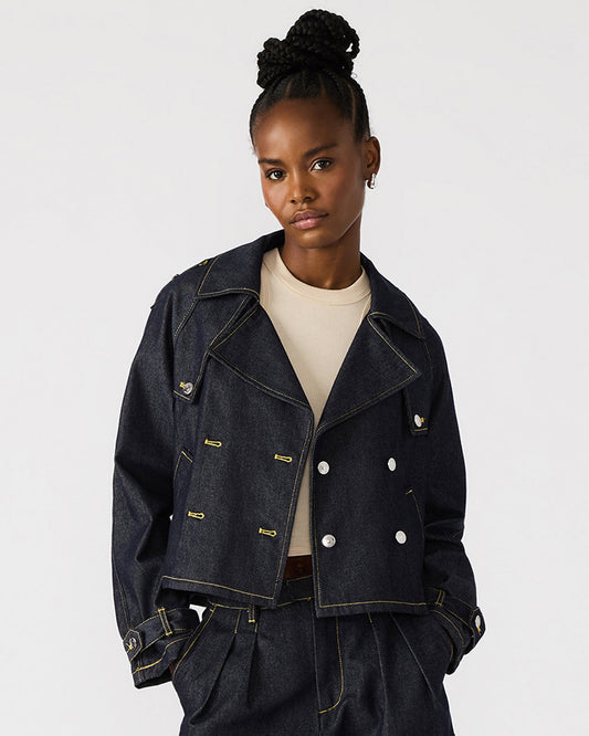 SIRUS Indigo Women's Cropped Denim Trench Coat | Steve Madden Sale