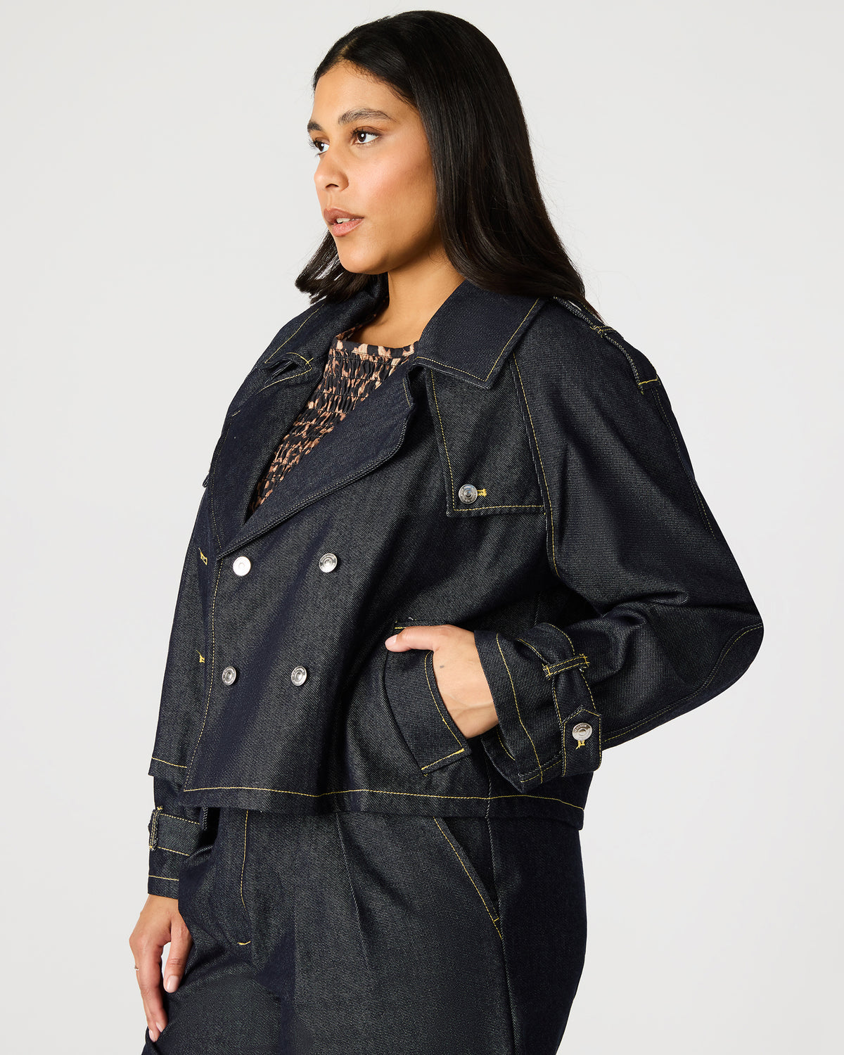SIRUS Indigo Women's Cropped Denim Trench Coat | Steve Madden Sale