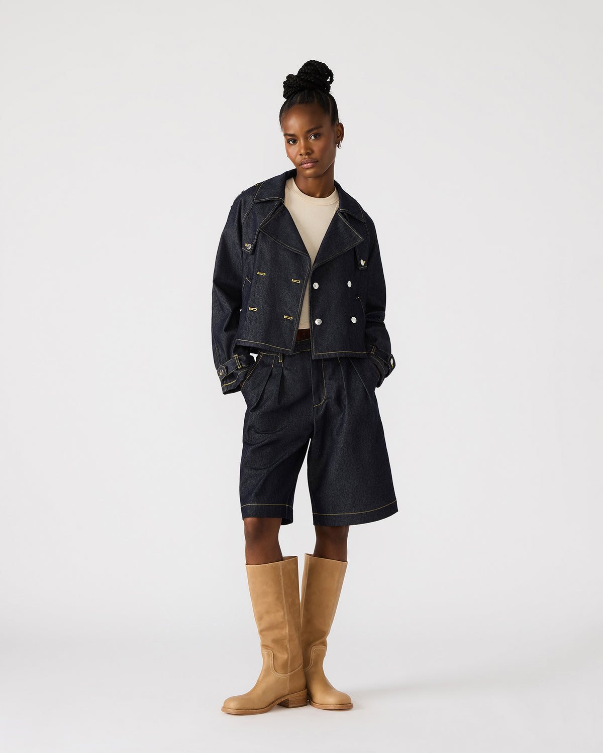 SIRUS Indigo Women's Cropped Denim Trench Coat | Steve Madden Sale