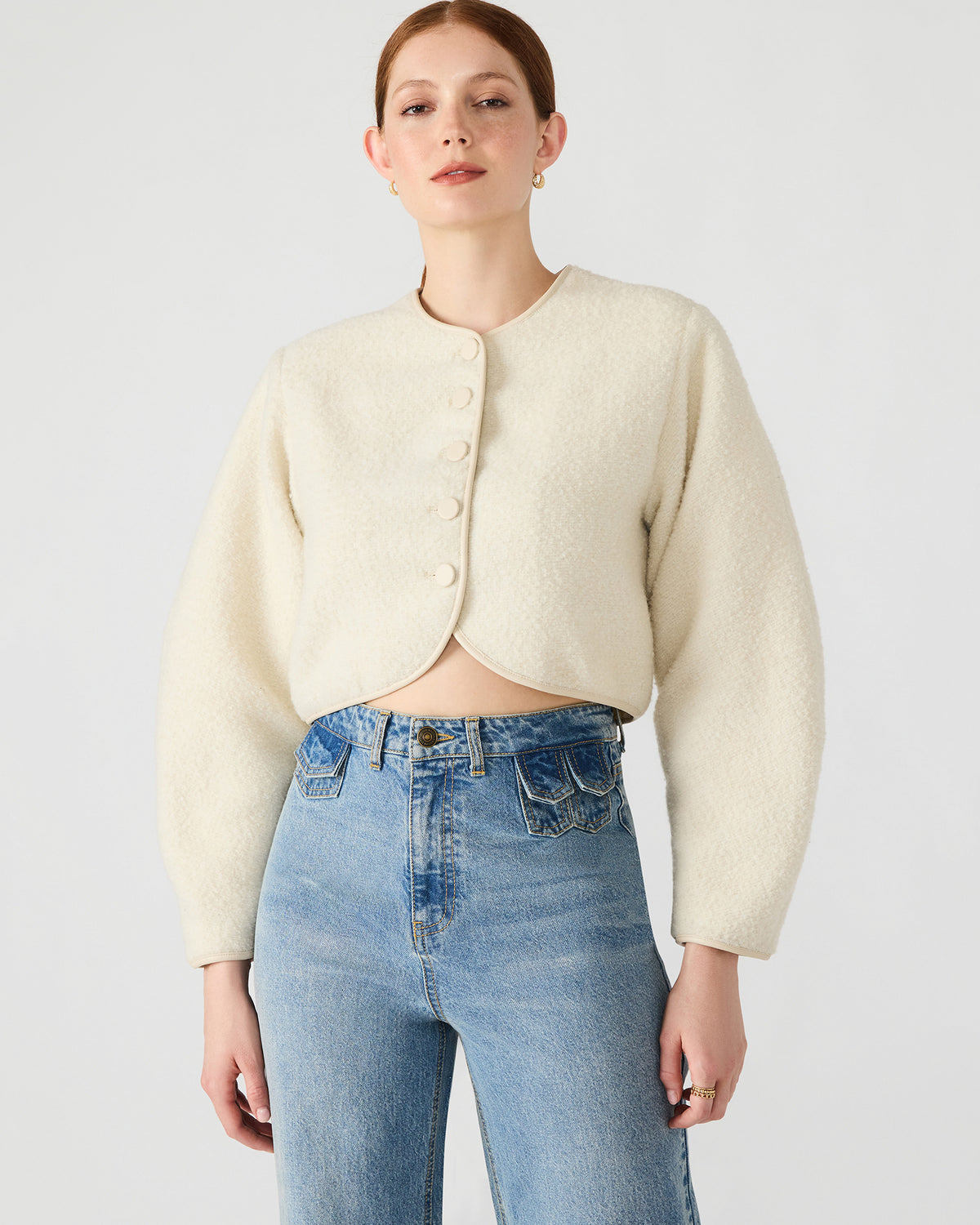 EMILI Cream Long-Sleeved Bubble Button-Up Women's Jacket | Steve Madden Sale
