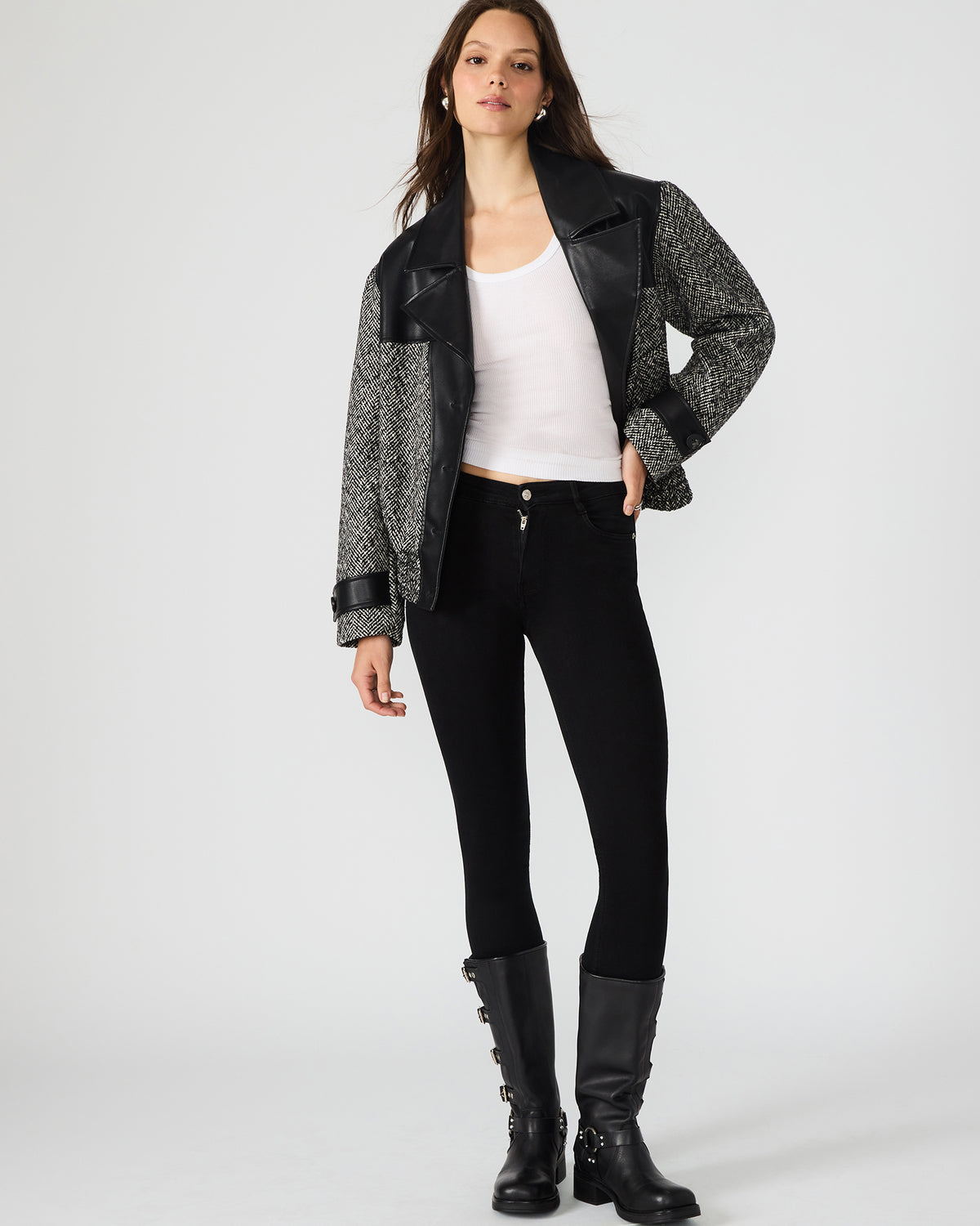 MERCEDES Black Multi Long-Sleeved Button-Up Faux Leather Women's Coat | Steve Madden Quality