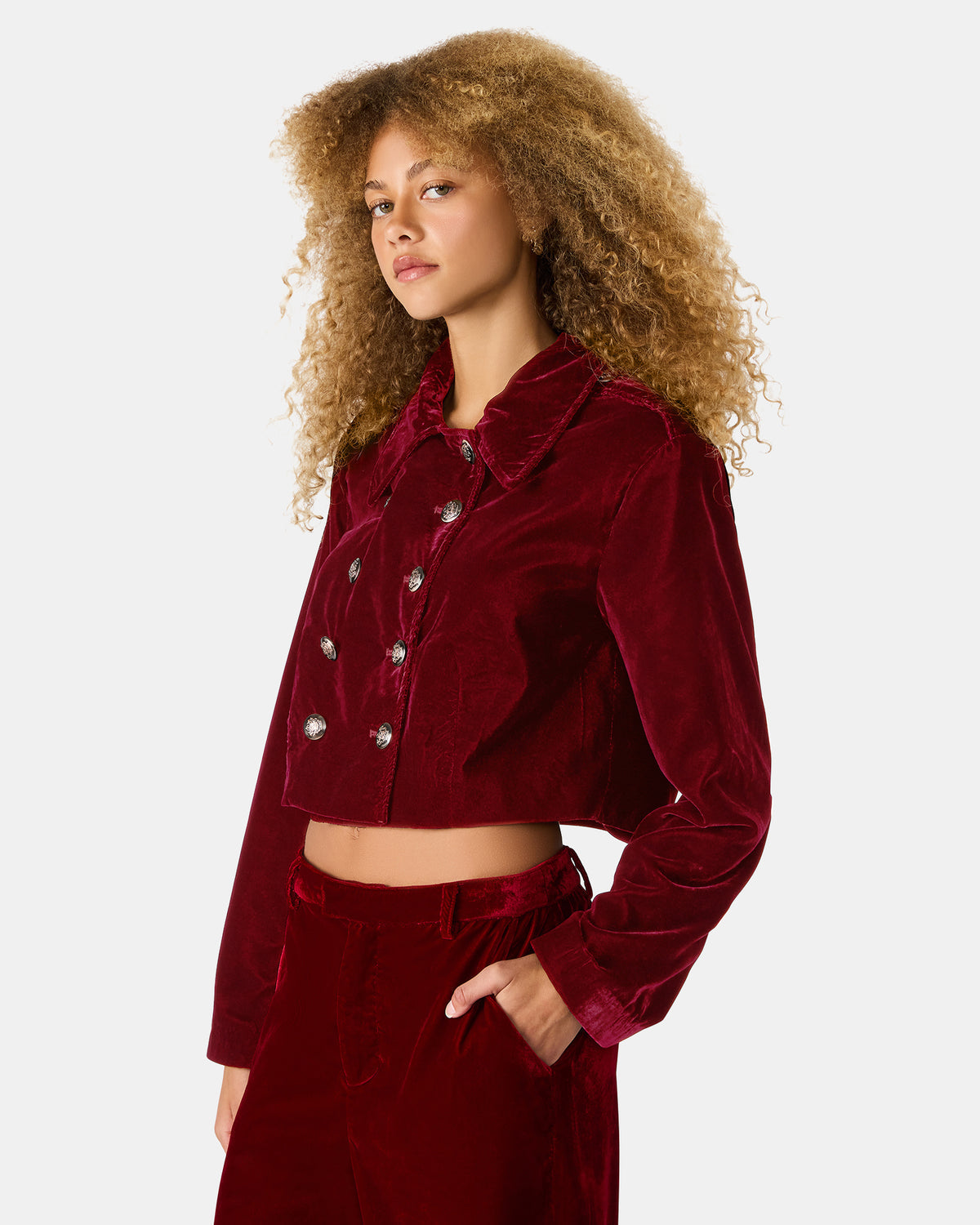 TONIA Red Velvet Button-Up Long-Sleeved Women's Blazer Jacket | Steve Madden Trending