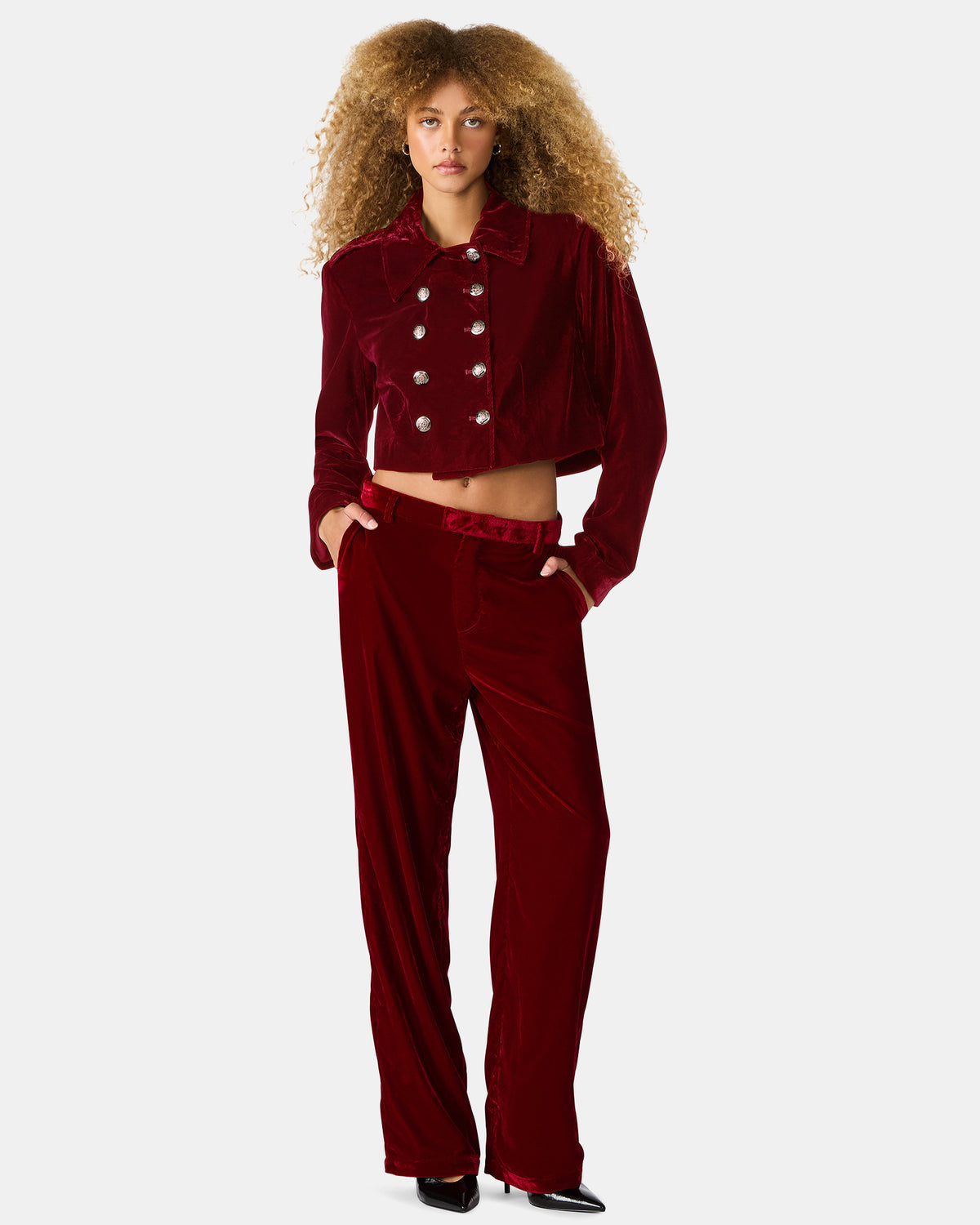 TONIA Red Velvet Button-Up Long-Sleeved Women's Blazer Jacket | Steve Madden Trending