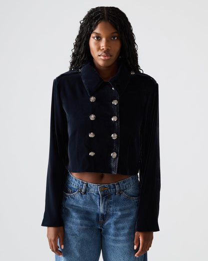 TONIA Indigo Haze Velvet Button-Up Long-Sleeved Women's Blazer Jacket | Steve Madden Exclusive