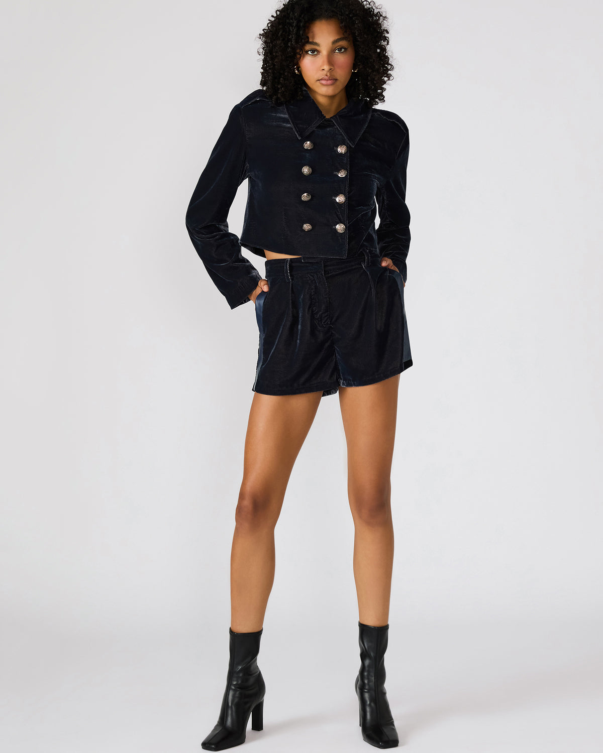 TONIA Indigo Haze Velvet Button-Up Long-Sleeved Women's Blazer Jacket | Steve Madden Exclusive