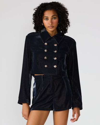 TONIA Indigo Haze Velvet Button-Up Long-Sleeved Women's Blazer Jacket | Steve Madden Exclusive