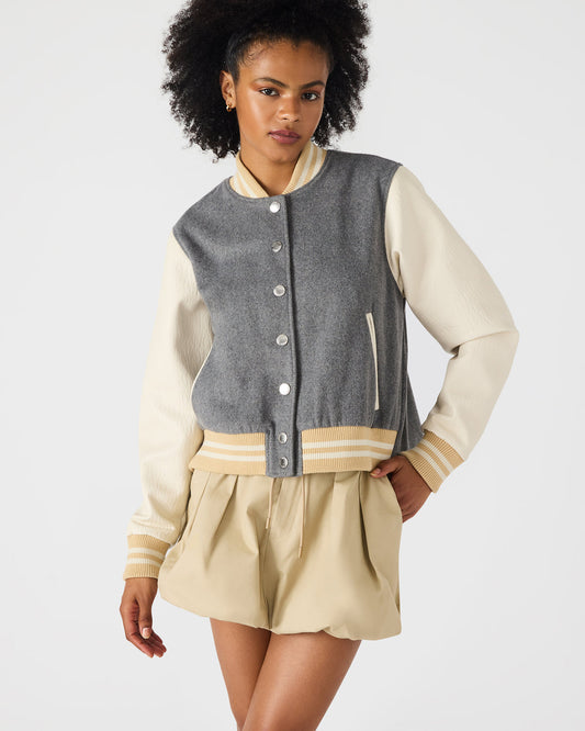 ROONEY Heather Grey Long-Sleeved Varsity Bomber Women's Jacket | Steve Madden Best Seller