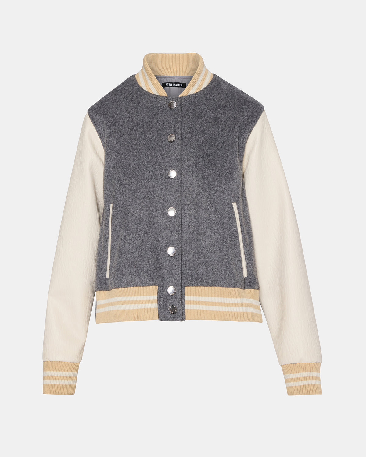 ROONEY Heather Grey Long-Sleeved Varsity Bomber Women's Jacket | Steve Madden Best Seller