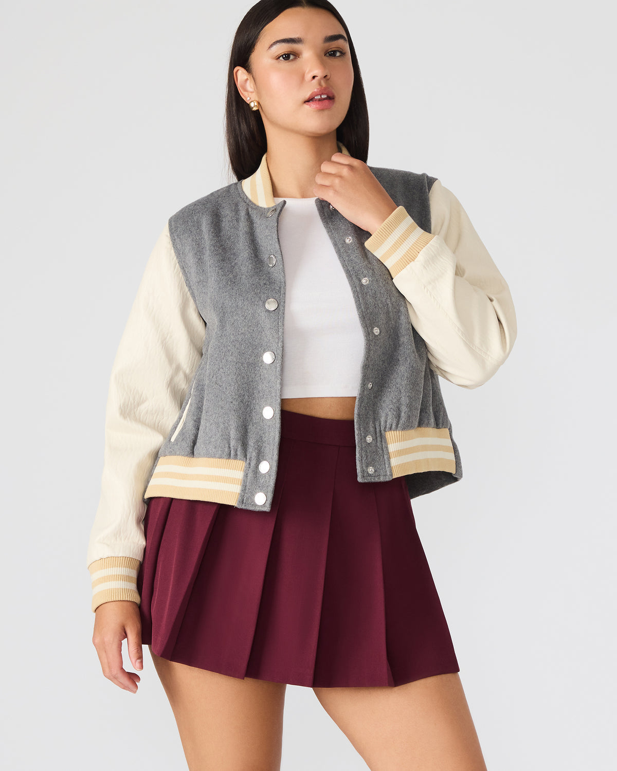 ROONEY Heather Grey Long-Sleeved Varsity Bomber Women's Jacket | Steve Madden Best Seller