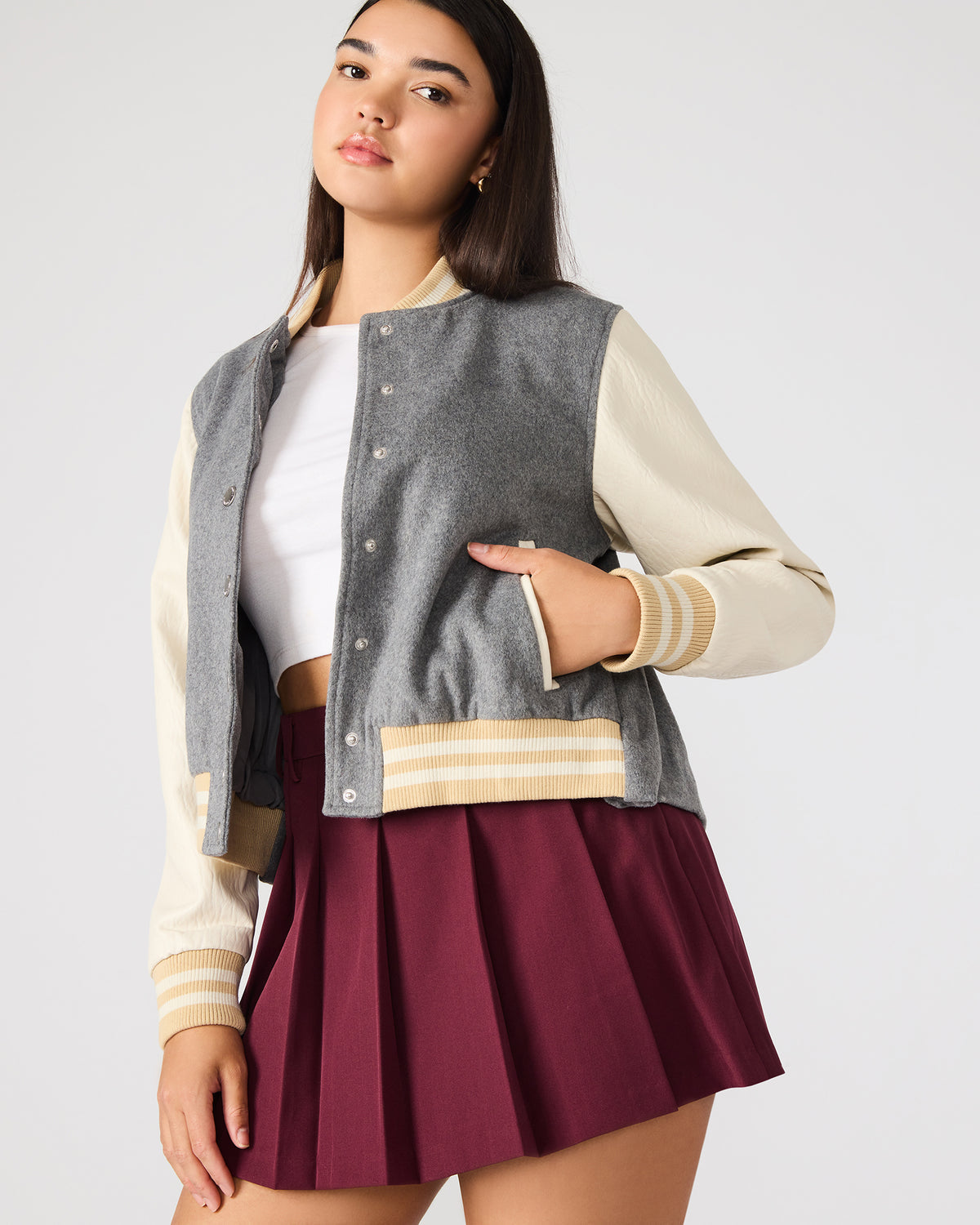 ROONEY Heather Grey Long-Sleeved Varsity Bomber Women's Jacket | Steve Madden Best Seller