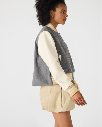 ROONEY Heather Grey Long-Sleeved Varsity Bomber Women's Jacket | Steve Madden Best Seller