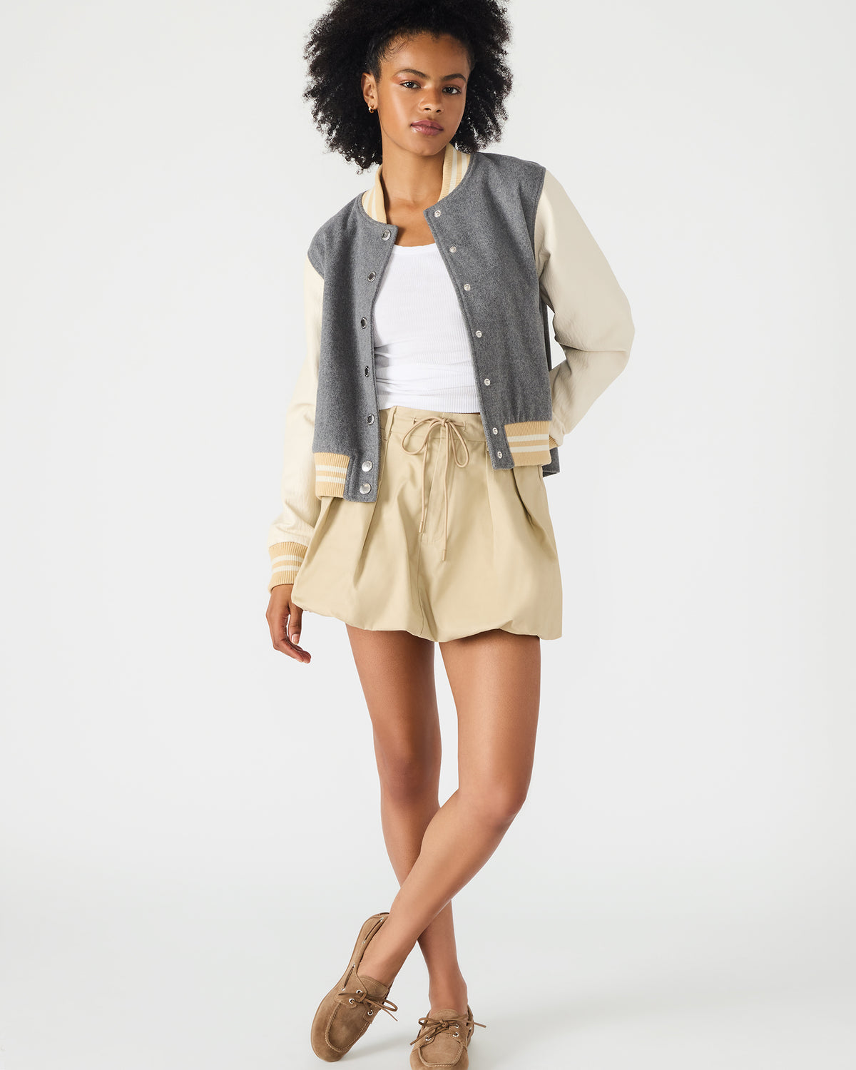 ROONEY Heather Grey Long-Sleeved Varsity Bomber Women's Jacket | Steve Madden Best Seller