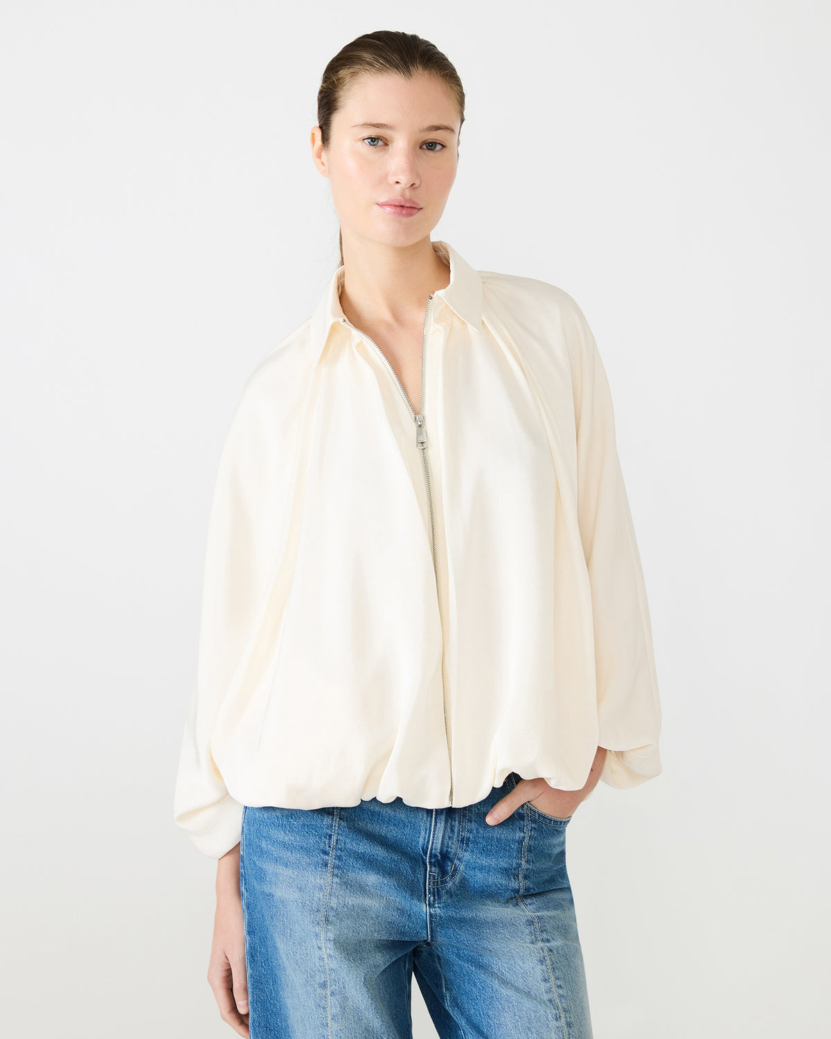 ASPEN Cream Long-Sleeved Zip-Up Puffed Bomber Women's Jacket | Steve Madden Discount