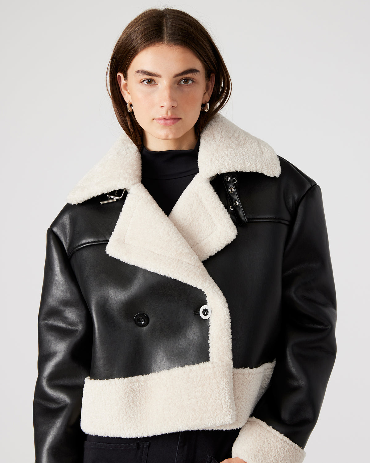 ATHEN Black Women's Faux Leather Shearling Trim Jacket | Steve Madden Popular