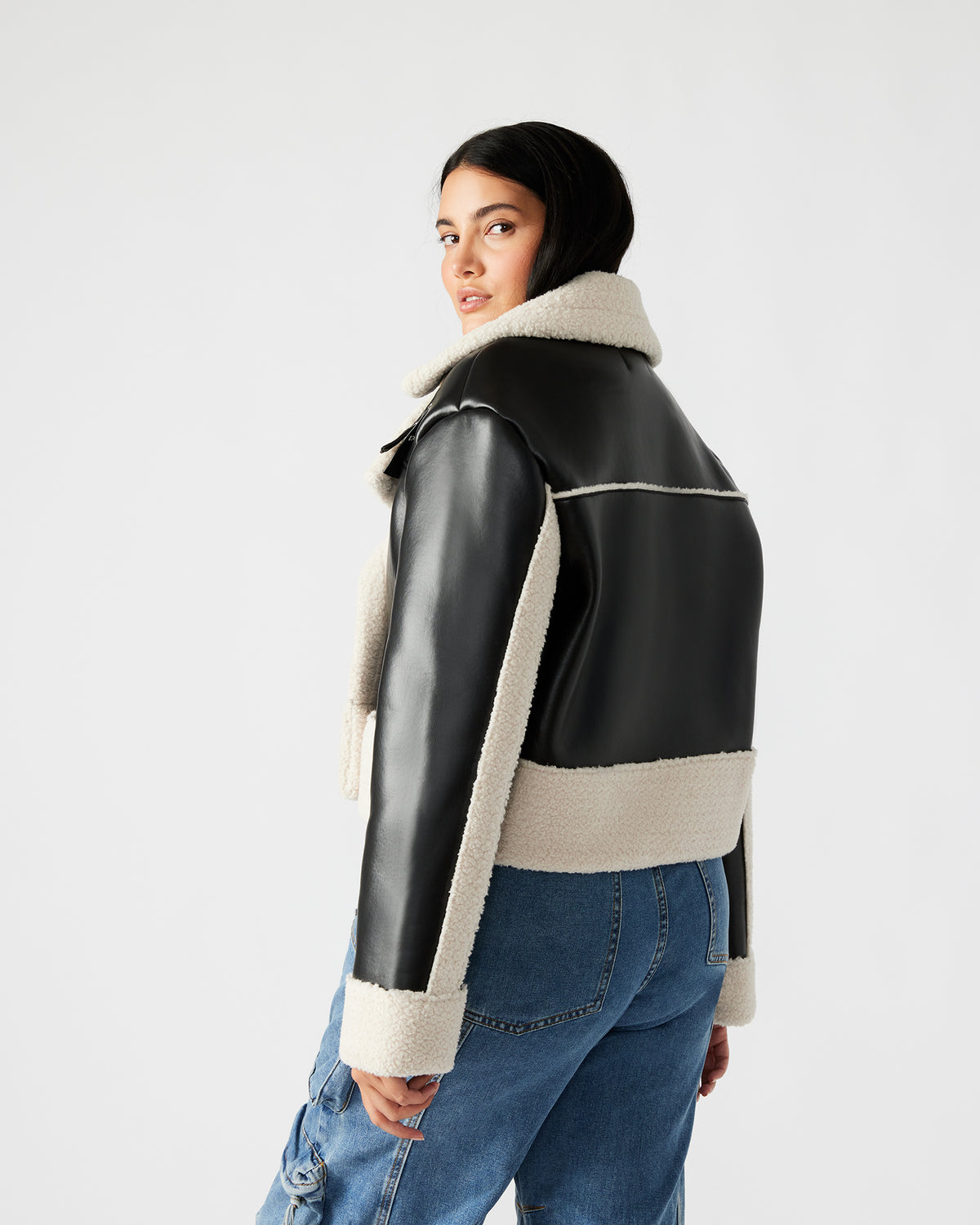ATHEN Black Women's Faux Leather Shearling Trim Jacket | Steve Madden Popular