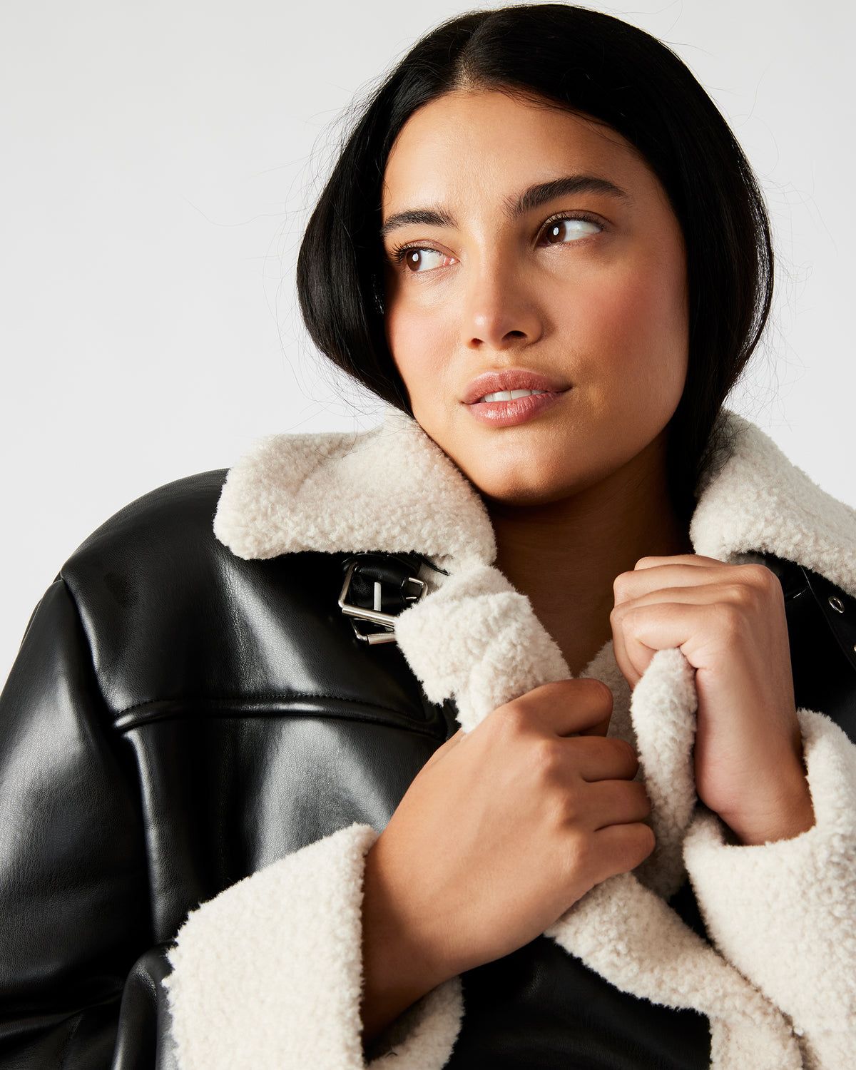 ATHEN Black Women's Faux Leather Shearling Trim Jacket | Steve Madden Popular