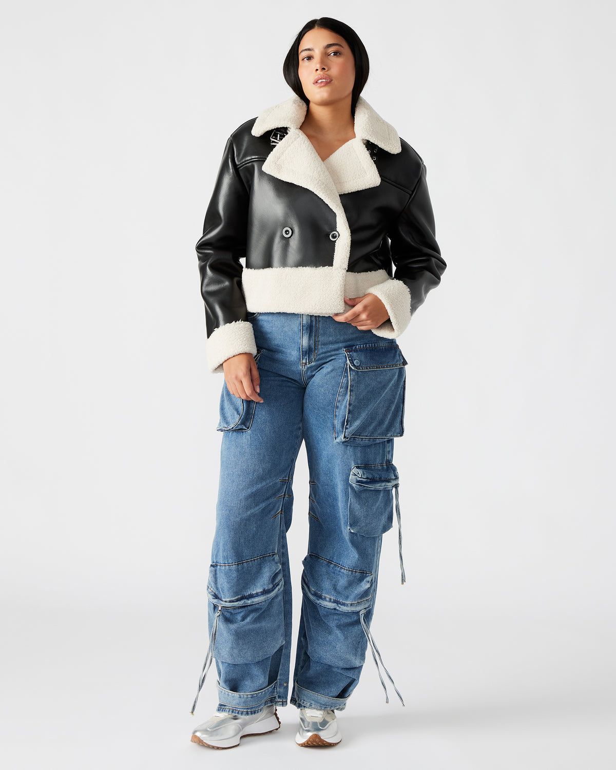 ATHEN Black Women's Faux Leather Shearling Trim Jacket | Steve Madden Popular