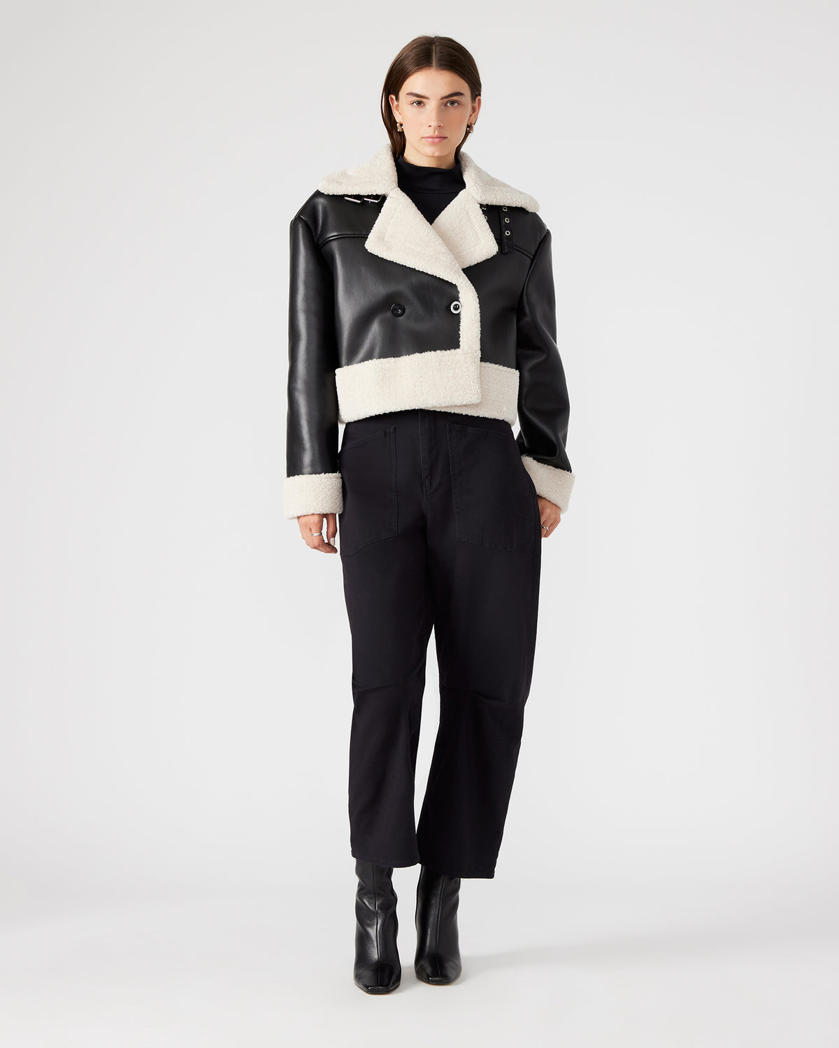 ATHEN Black Women's Faux Leather Shearling Trim Jacket | Steve Madden Popular