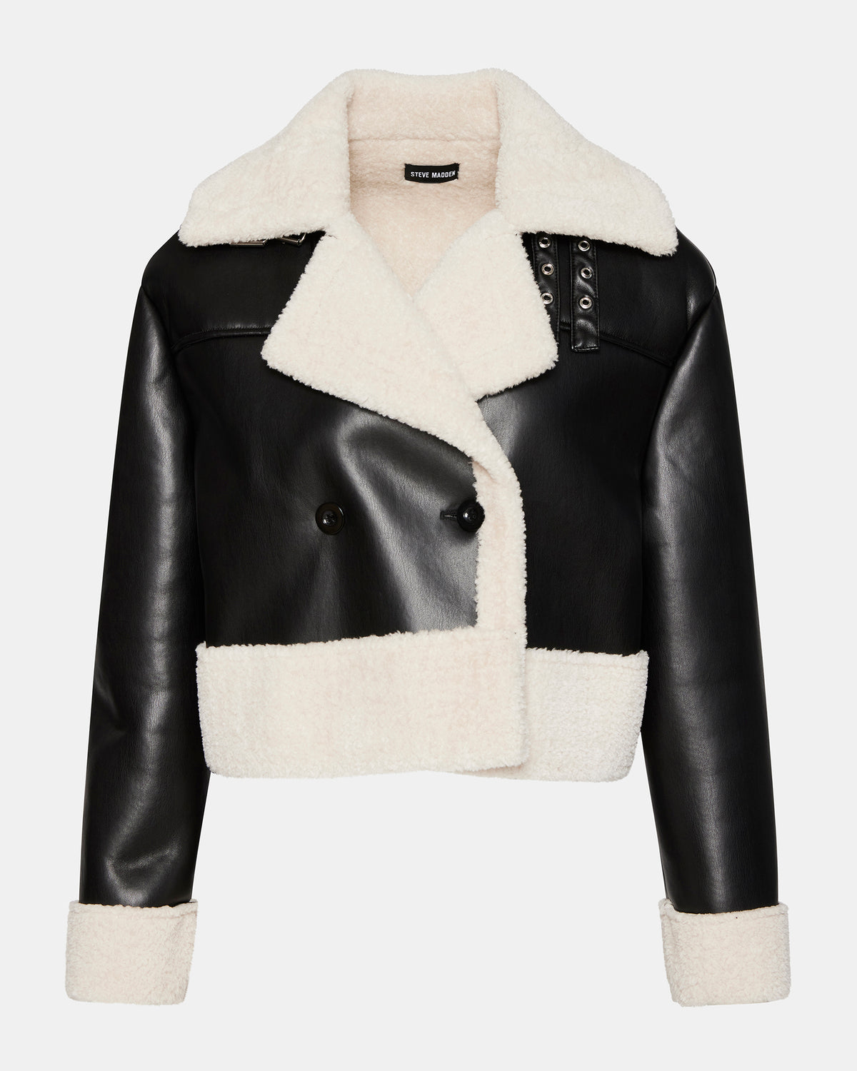 ATHEN Black Women's Faux Leather Shearling Trim Jacket | Steve Madden Popular