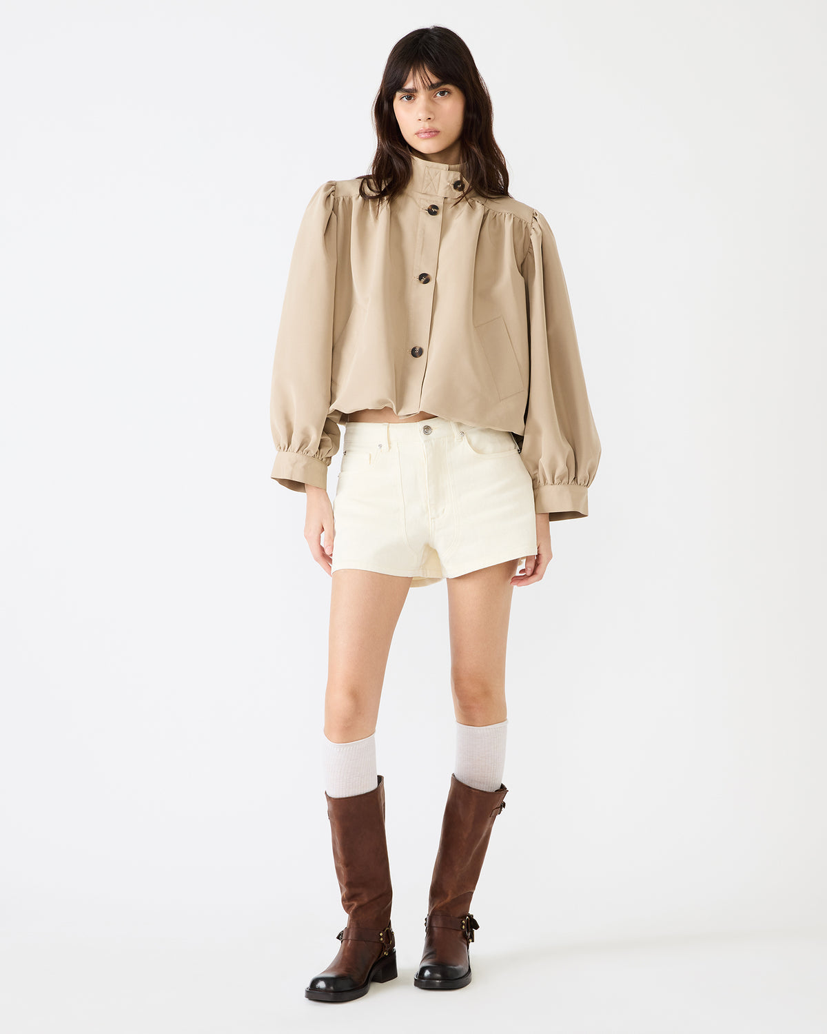 DEEDEE Tan Long-Sleeved Button-Up Collared Women's Jacket | Steve Madden Recommended