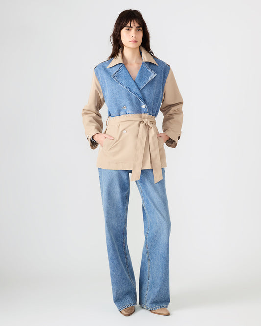 SHYLA Denim Multi Long-Sleeved Denim Khaki Button-Up Tie-Front Women's Coat | Steve Madden Discount