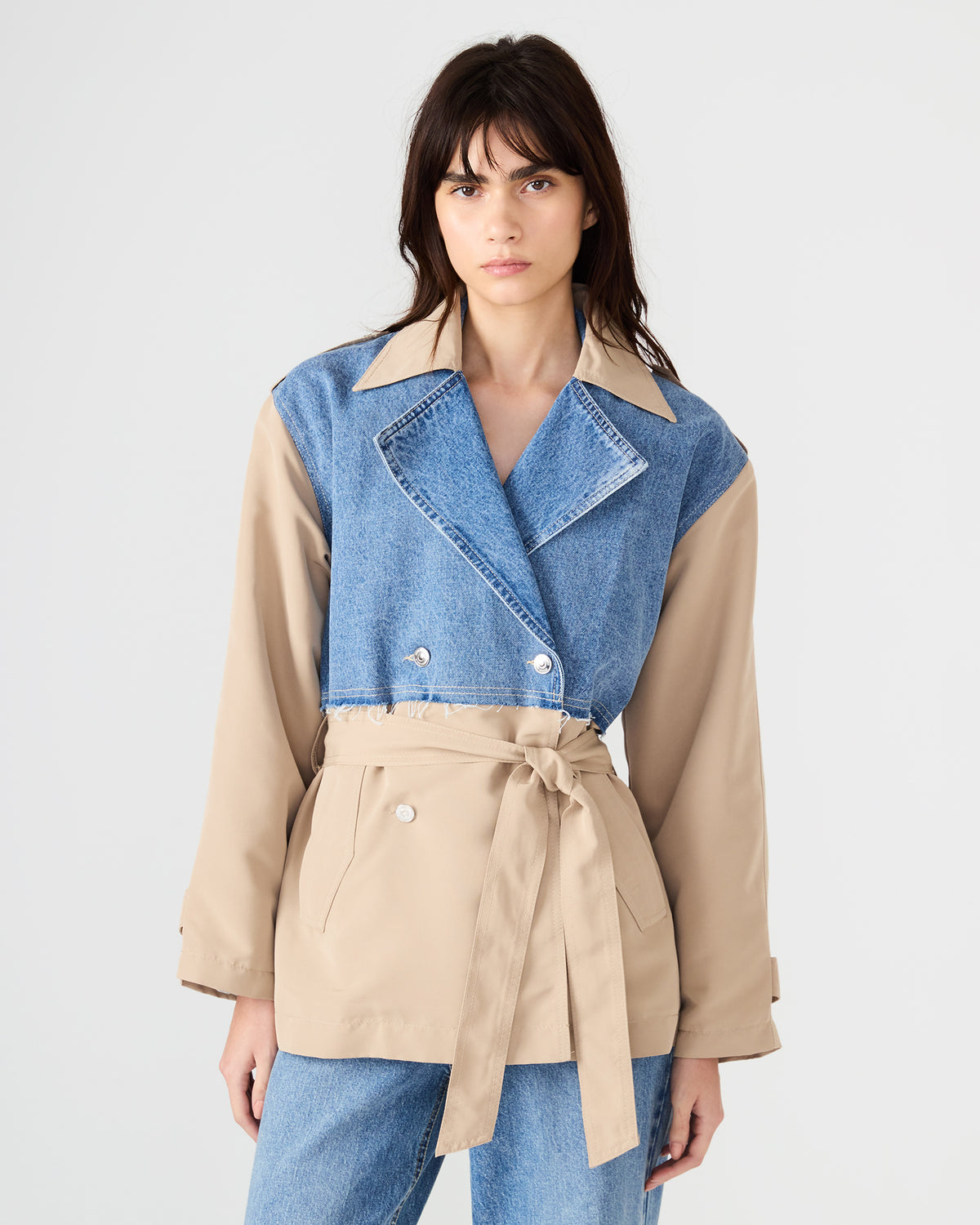 SHYLA Denim Multi Long-Sleeved Denim Khaki Button-Up Tie-Front Women's Coat | Steve Madden Discount