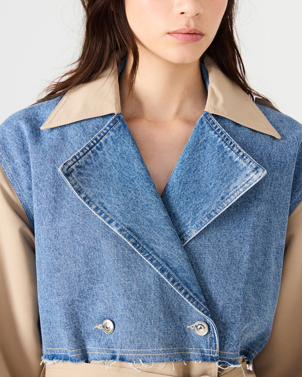 SHYLA Denim Multi Long-Sleeved Denim Khaki Button-Up Tie-Front Women's Coat | Steve Madden Discount