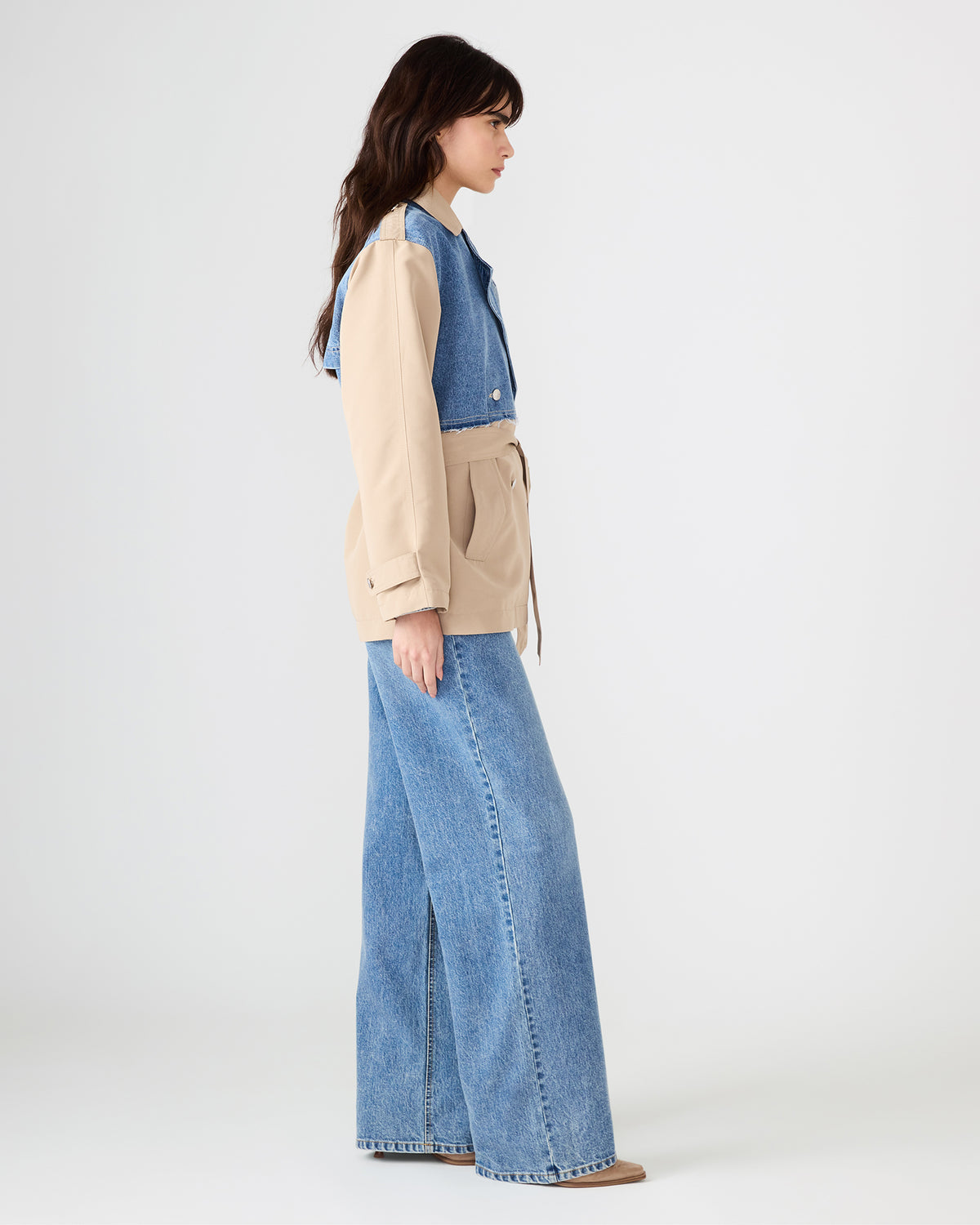 SHYLA Denim Multi Long-Sleeved Denim Khaki Button-Up Tie-Front Women's Coat | Steve Madden Discount