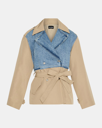 SHYLA Denim Multi Long-Sleeved Denim Khaki Button-Up Tie-Front Women's Coat | Steve Madden Discount