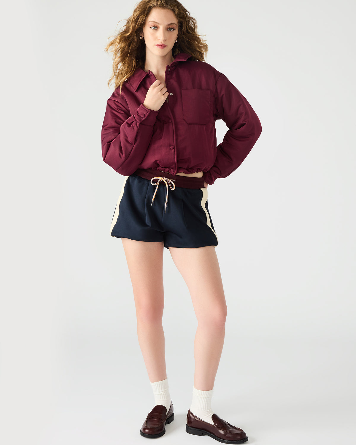 SELMA Wine Long-Sleeved Puffer Button-Up Women's Jacket | Steve Madden Great Value