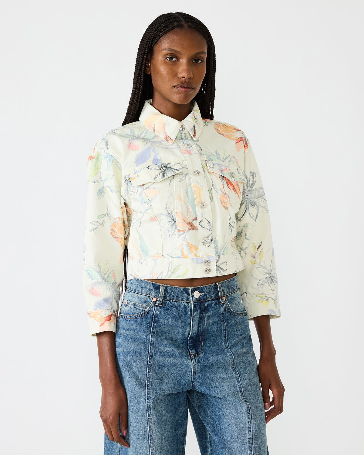 RALEIGH Vintage Ivory Long-Sleeved Button-Up Denim Women's Jacket | Steve Madden Recommended