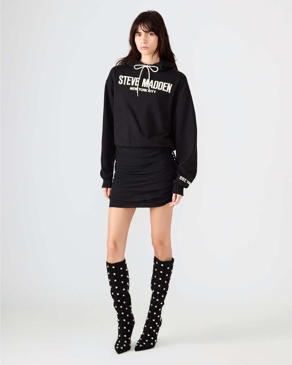 SM Black Logo Long-Sleeved Women's Hoodie | Steve Madden Featured