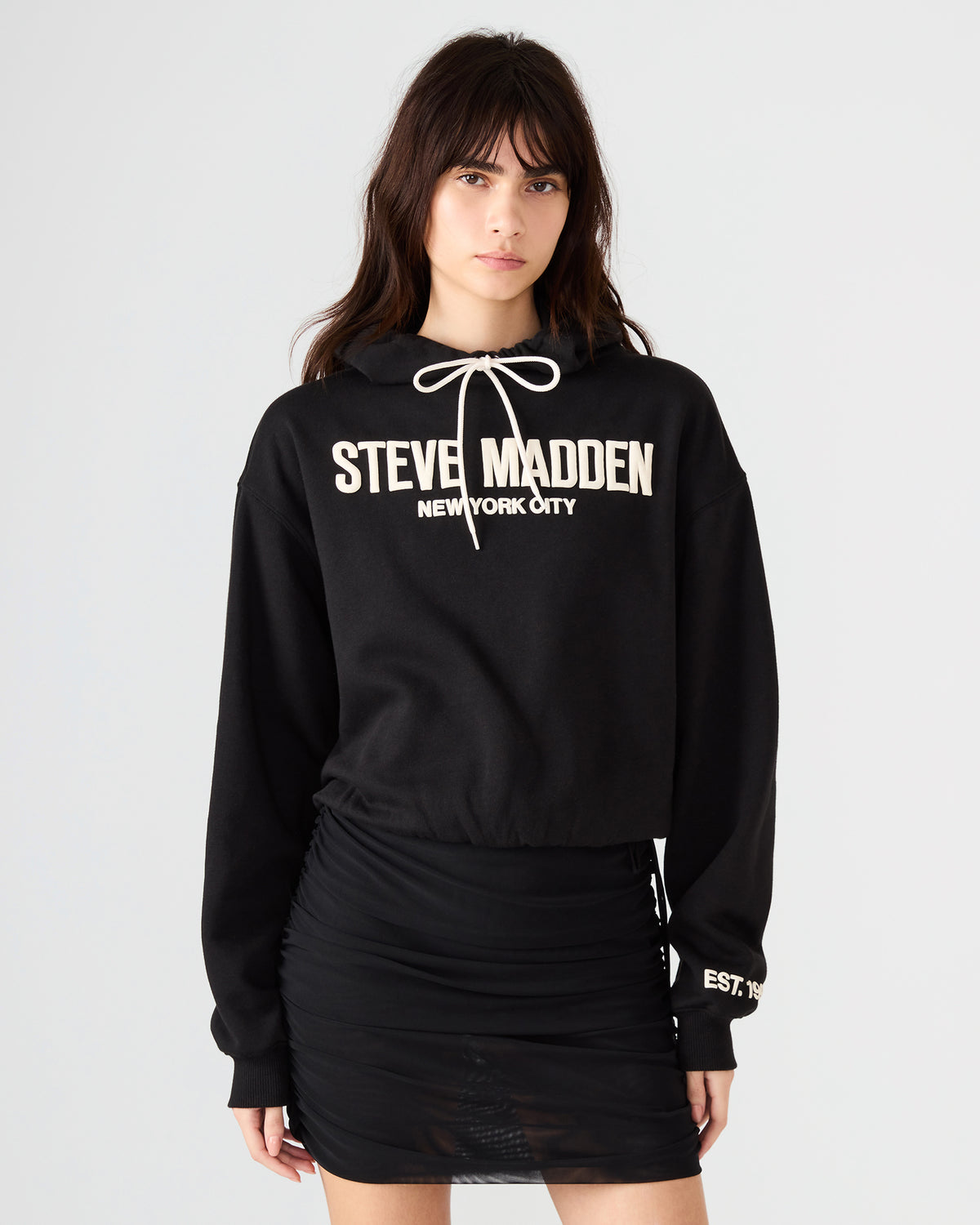 SM Black Logo Long-Sleeved Women's Hoodie | Steve Madden Featured