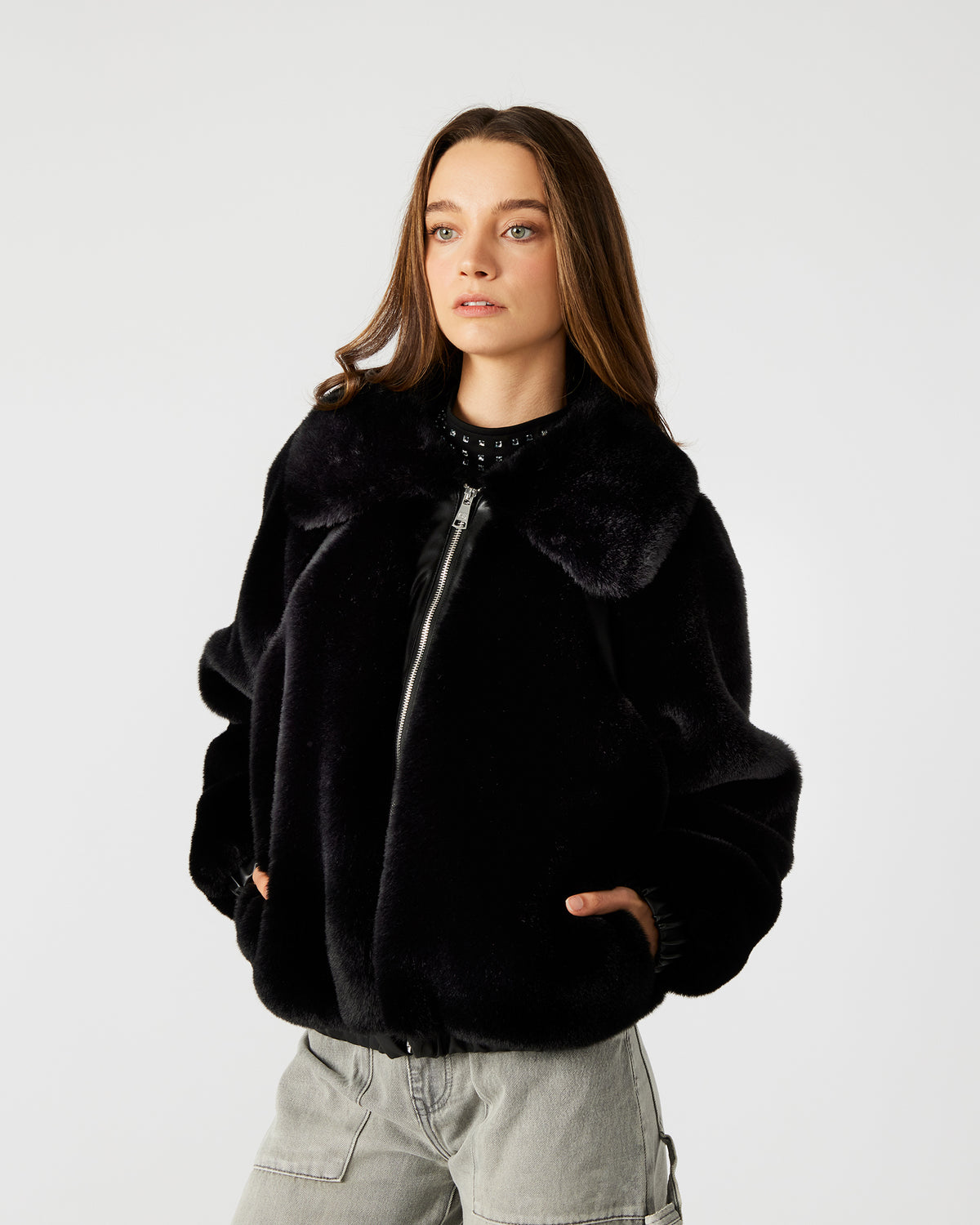 ZEPHRINE Jacket Black | Women's Long-Sleeved Furry Jacket | Steve Madden Best Price