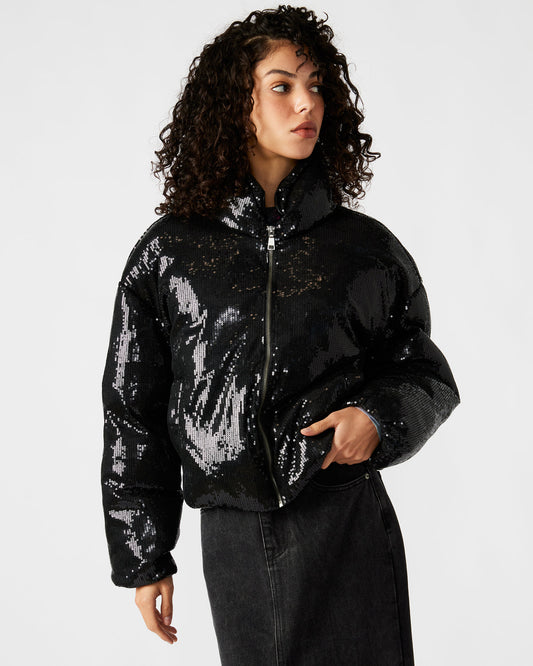 STRATTO Jacket Black | Women's Sequin Long-Sleeved Puffer Jacket | Steve Madden Great Value