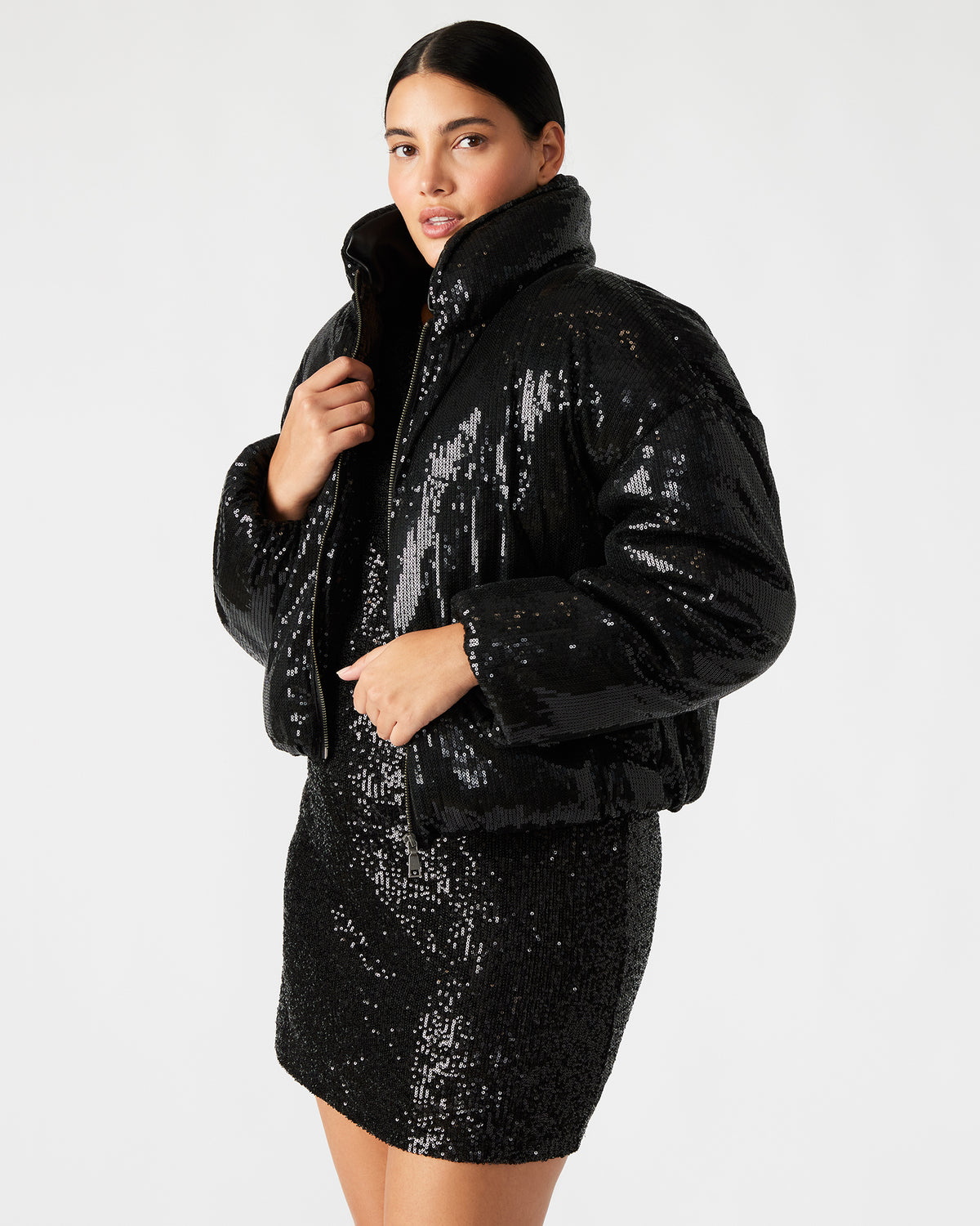 STRATTO Jacket Black | Women's Sequin Long-Sleeved Puffer Jacket | Steve Madden Great Value
