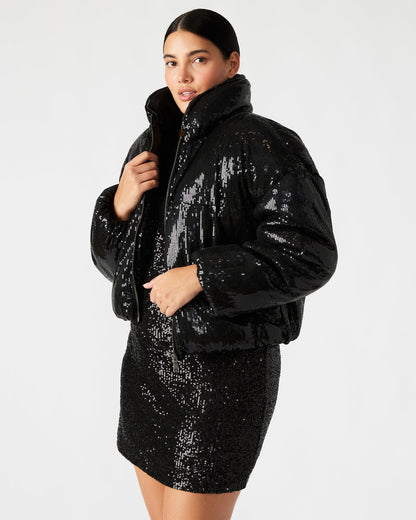 STRATTO Jacket Black | Women's Sequin Long-Sleeved Puffer Jacket | Steve Madden Great Value