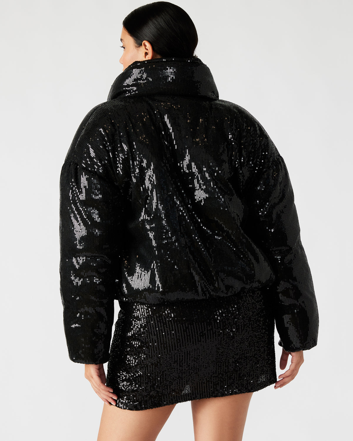 STRATTO Jacket Black | Women's Sequin Long-Sleeved Puffer Jacket | Steve Madden Great Value