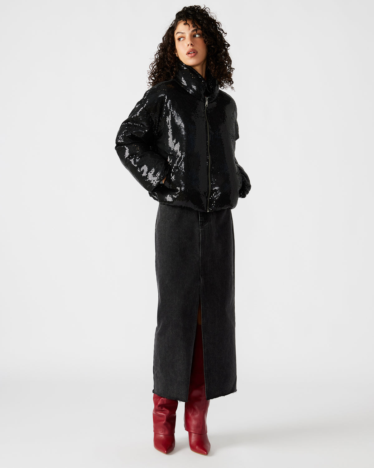STRATTO Jacket Black | Women's Sequin Long-Sleeved Puffer Jacket | Steve Madden Great Value