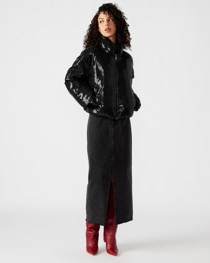 STRATTO Jacket Black | Women's Sequin Long-Sleeved Puffer Jacket | Steve Madden Great Value